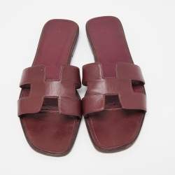 Hermes Burgundy Leather Oran Flat Slides Size 39