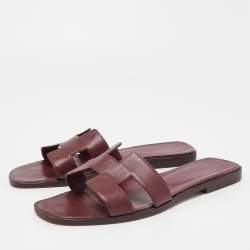 Hermes Burgundy Leather Oran Flat Slides Size 39