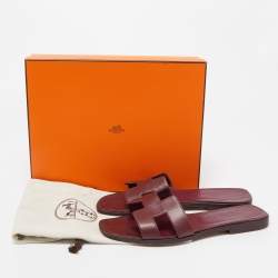 Hermes Burgundy Leather Oran Flat Slides Size 39