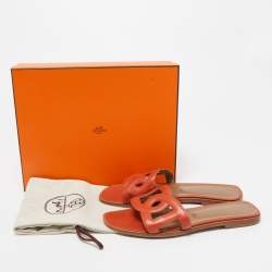 Hermes Orange Leather Omaha Flat Slides Size 39