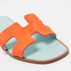 Pre Owned Hermes Orange Suede Oran Flat Slides Size 36.5 
