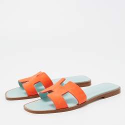 Pre Owned Hermes Orange Suede Oran Flat Slides Size 36.5 