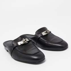 مملوكة مسبقًا Hermes Black Leather Oz Flat Mules Size 37
