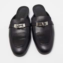 مملوكة مسبقًا Hermes Black Leather Oz Flat Mules Size 37