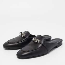 مملوكة مسبقًا Hermes Black Leather Oz Flat Mules Size 37
