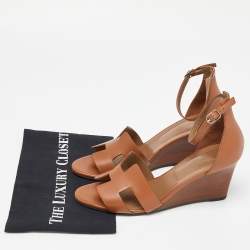 Pre Owned Hermes Brown Leather Legend Wedge Sandals Size 40