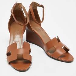 Pre Owned Hermes Brown Leather Legend Wedge Sandals Size 40