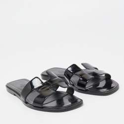Pre Owned Hermes Black Patent Leather Oran Flat Slides Size 37