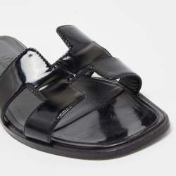 Pre Owned Hermes Black Patent Leather Oran Flat Slides Size 37