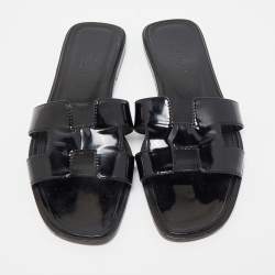 Pre Owned Hermes Black Patent Leather Oran Flat Slides Size 37
