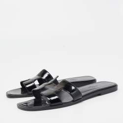 Pre Owned Hermes Black Patent Leather Oran Flat Slides Size 37