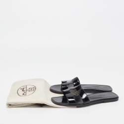 Pre Owned Hermes Black Patent Leather Oran Flat Slides Size 37