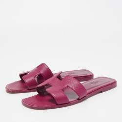 مملوكة مسبقًا Hermes Purple Leather Oran Flat Slides Size 37