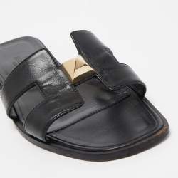 Hermes Black Leather One Stud Oran Flat Slides Size 36.5