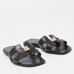 Hermes Black Leather One Stud Oran Flat Slides Size 36.5