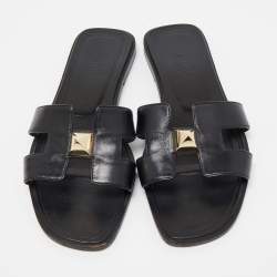 Hermes Black Leather One Stud Oran Flat Slides Size 36.5