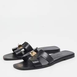 Hermes Black Leather One Stud Oran Flat Slides Size 36.5