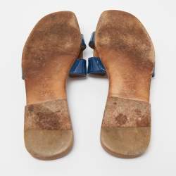 Pre Owned Hermes Blue Patent Leather Oran Flat Slides Size 37