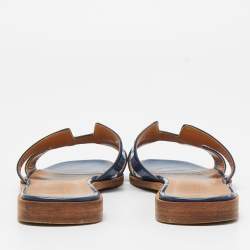 Pre Owned Hermes Blue Patent Leather Oran Flat Slides Size 37