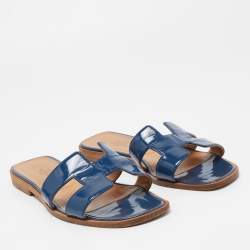 Pre Owned Hermes Blue Patent Leather Oran Flat Slides Size 37