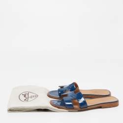 Pre Owned Hermes Blue Patent Leather Oran Flat Slides Size 37