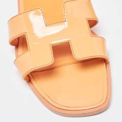 Hermes Orange Patent Leather Oran Flat Slides Size 36