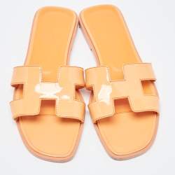 Hermes Orange Patent Leather Oran Flat Slides Size 36