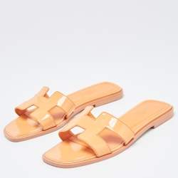 Hermes Orange Patent Leather Oran Flat Slides Size 36
