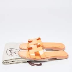 Hermes Orange Patent Leather Oran Flat Slides Size 36