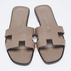 Hermes Brown Leather Oran Flat Slides Size 36.5 