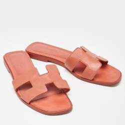 Hermes Pink Leather Oran Flat Slides Size 38