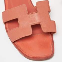 Hermes Pink Leather Oran Flat Slides Size 38