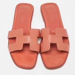 Hermes Pink Leather Oran Flat Slides Size 38