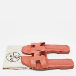 Hermes Pink Leather Oran Flat Slides Size 38