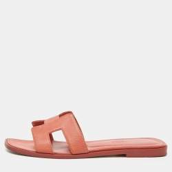 Hermes Pink Leather Oran Flat Slides Size 38
