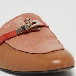 Pre Owned Hermes Brown/Pink Leather Oz Slip On Flat Mules Size 38