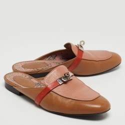 Pre Owned Hermes Brown/Pink Leather Oz Slip On Flat Mules Size 38