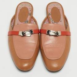 Pre Owned Hermes Brown/Pink Leather Oz Slip On Flat Mules Size 38