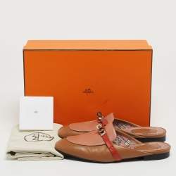 Pre Owned Hermes Brown/Pink Leather Oz Slip On Flat Mules Size 38