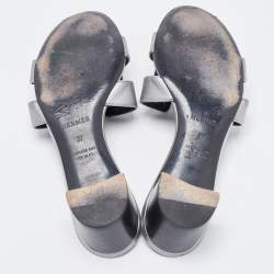 Hermes Sliver Leather Oasis Block Heel Slide Sandals Size 37
