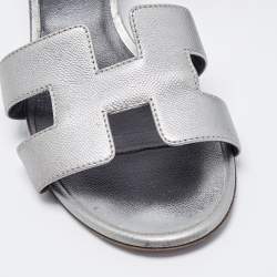 Hermes Sliver Leather Oasis Block Heel Slide Sandals Size 37