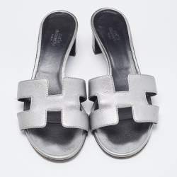 Hermes Sliver Leather Oasis Block Heel Slide Sandals Size 37