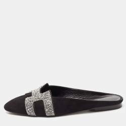 Hermes Black/Silver Suede and Beads Roxane Flat Mules Size 37