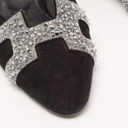 Hermes Black/Silver Suede and Beads Roxane Flat Mules Size 37