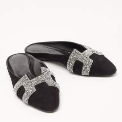 Hermes Black/Silver Suede and Beads Roxane Flat Mules Size 37