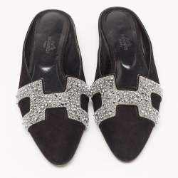 Hermes Black/Silver Suede and Beads Roxane Flat Mules Size 37
