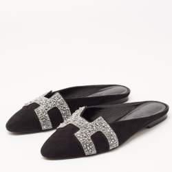 Hermes Black/Silver Suede and Beads Roxane Flat Mules Size 37
