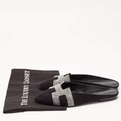 Hermes Black/Silver Suede and Beads Roxane Flat Mules Size 37