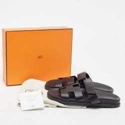 Hermes Black Leather Chypre Velcro Flat Sandals Size 40