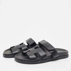 Hermes Black Leather Chypre Velcro Flat Sandals Size 40